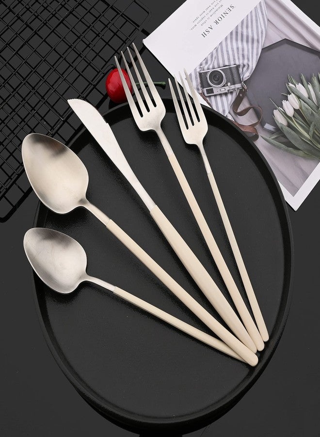 JASHII Slim Handle Silverware Set 20 Pieces, 304 Stainless Steel Colorful Flatware Set, Titanium Plating Cutlery Set, Utensil Sets for Home Dinner Service for 4, Dishwasher Safe - Beige&Silver - Image 5